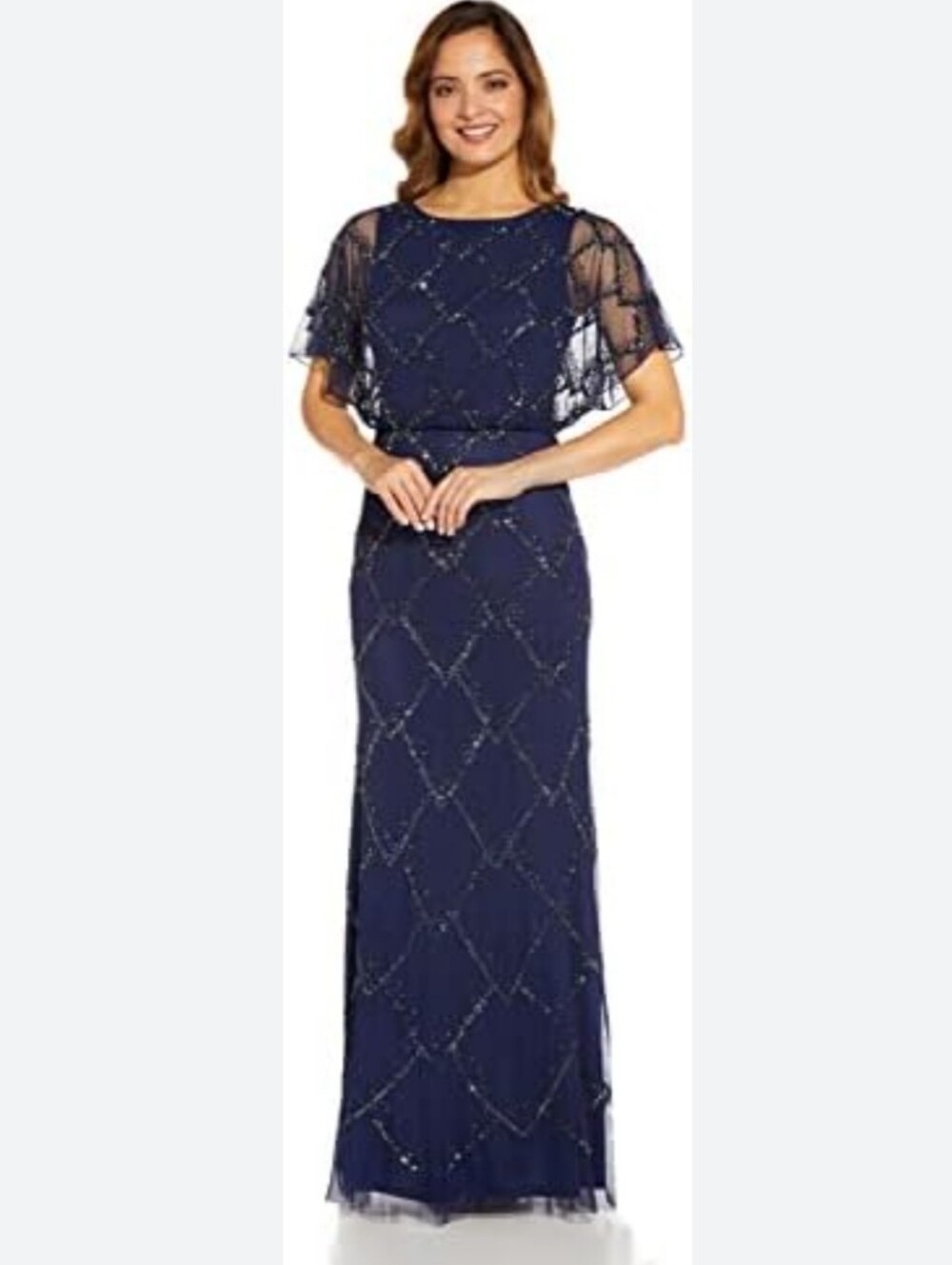 Navy Beaded Evening Gown with Sheer Capelet